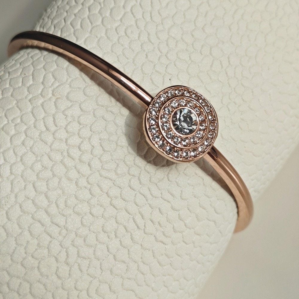 Rose Gold Tone Crystal Halo Bangle Bracelet Pave Round Centerpiece Adjustable